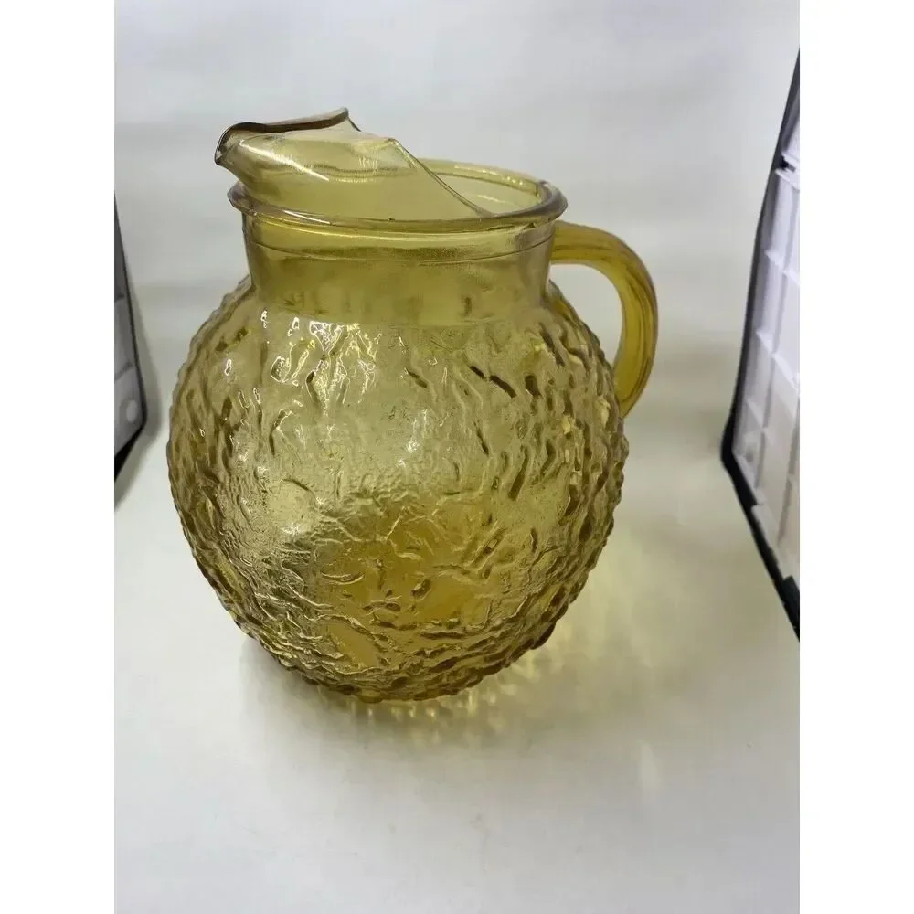 VINTAGE ANCHOR HOCKING LIDO MILANO AMBER BUBBLE CRINKLE PITCHER WITH ICE GAURD